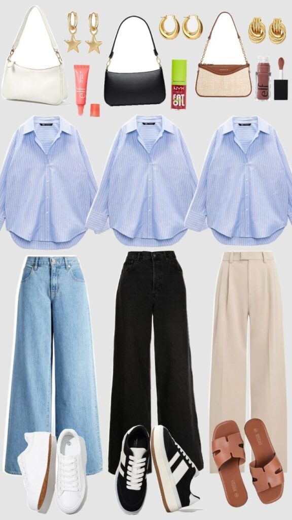 Three outfit options using a blue striped button down shirt paired with wide leg jeans, black denim, and beige trousers. Each is complemented by coordinating handbags, gold earrings, lip color, and shoes from white sneakers to brown sandals. It's ideal for everyday, effortless chic style.