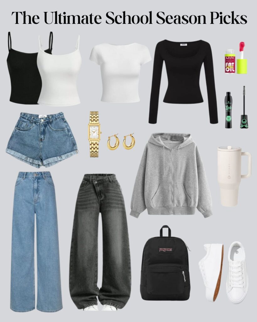 Flat lay of 15 back-to-school essentials for girls including clothing, shoes, accessories, and beauty products for a stylish school year.