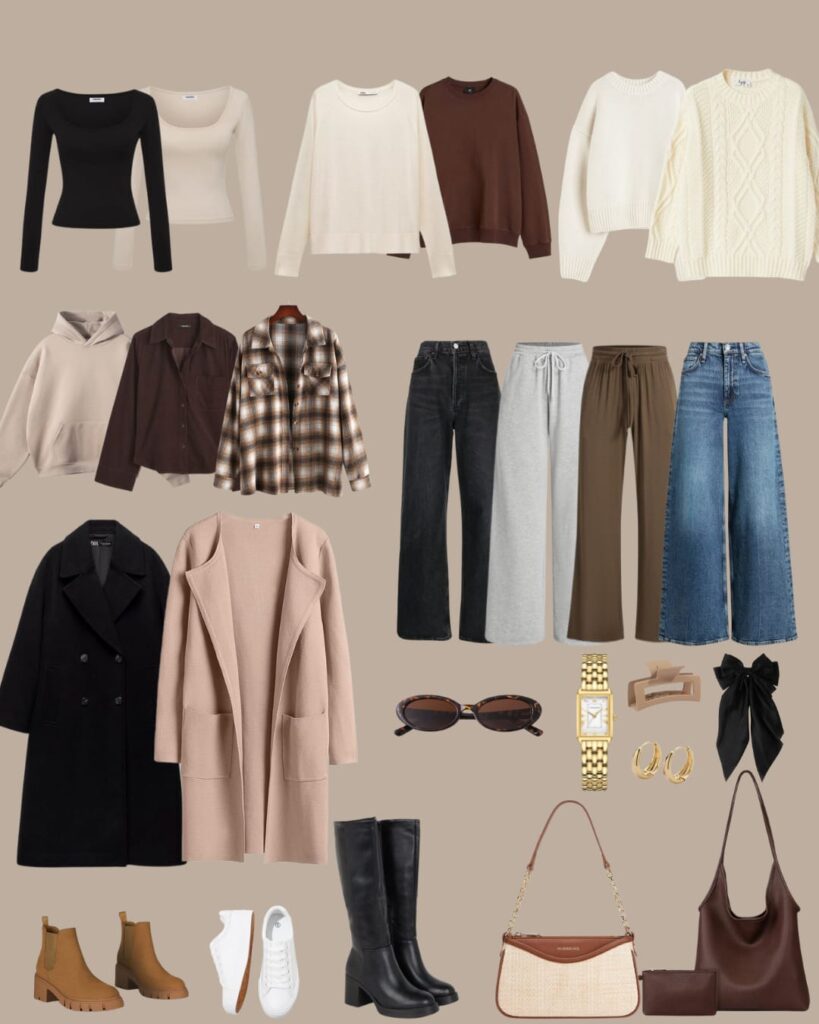 Flat lay of fall wardrobe staples such as neutral sweaters, hoodies, button downs, plaid shacket, wide leg jeans, joggers, coats, boots, sneakers, handbags, sunglasses, and gold accessories on beige background.