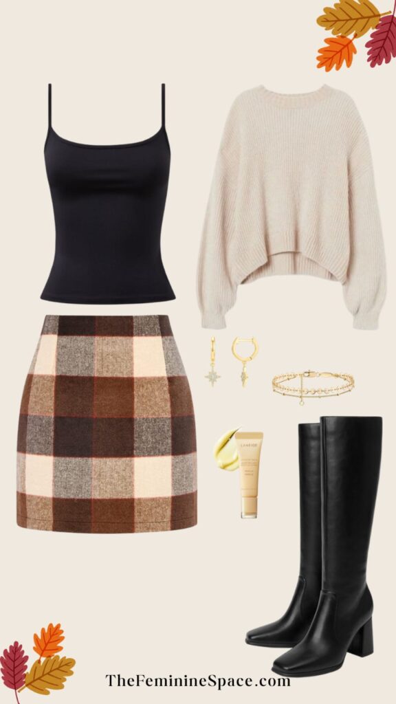 A cute academia fall look with a black tank top, oversized sweater, plaid skirt, gold accessories, and sheer leggings. It is cozy and stylish.
