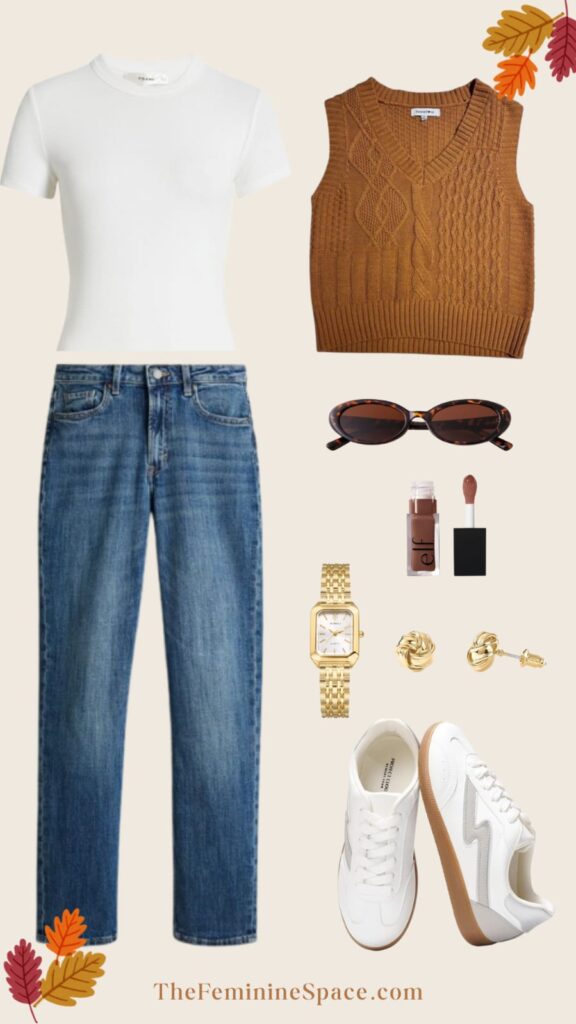 Cozy fall look with white t-shirt worn under sweater vest, blue jeans, white sneakers, gold jewelry, sunglasses, and lip oil.