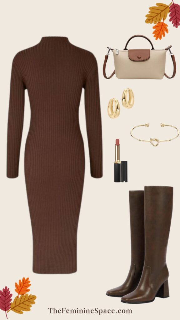 A cute fall ensemble in the form of a knit dress, brown boots, gold accents, a crossbody bag, and matte lipstick. Perfect for date night.