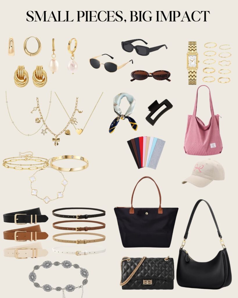 Trendy fashion accessories for women: pearl earrings, gold hoops, dainty necklaces, charm bracelets, fashion belts, fashionable handbags, vintage sunglasses, silk scarves, claw clips, headbands, gold watches, rings, and caps to make any outfit better in a flash.