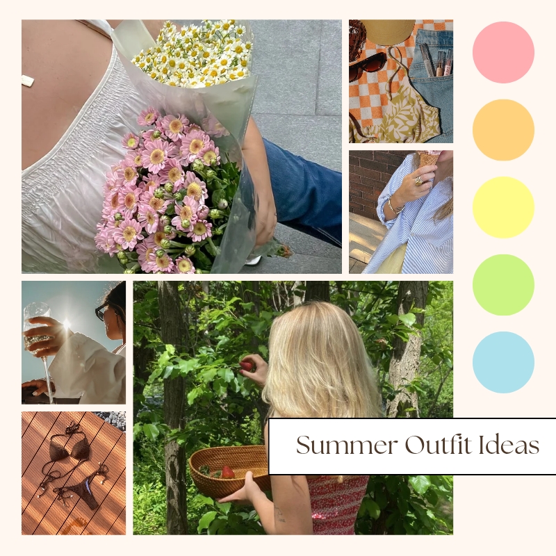 A beautiful blog cover presented as a collage, filled with a dozen small 'Summer Outfit Ideas'. The images convey a complete summer mood: holding a massive bouquet of pink flowers, having an ice cream cone, a bikini on a sunny deck, and even a lovely shot from behind of someone picking fresh strawberries. It really captures the relaxed, natural vibe of the season. A simple text box reads "Summer Outfit Ideas," and there's a column of five bright, matching color bubbles on the side like a paint palette, suggesting colors like pink, yellow, and blue.